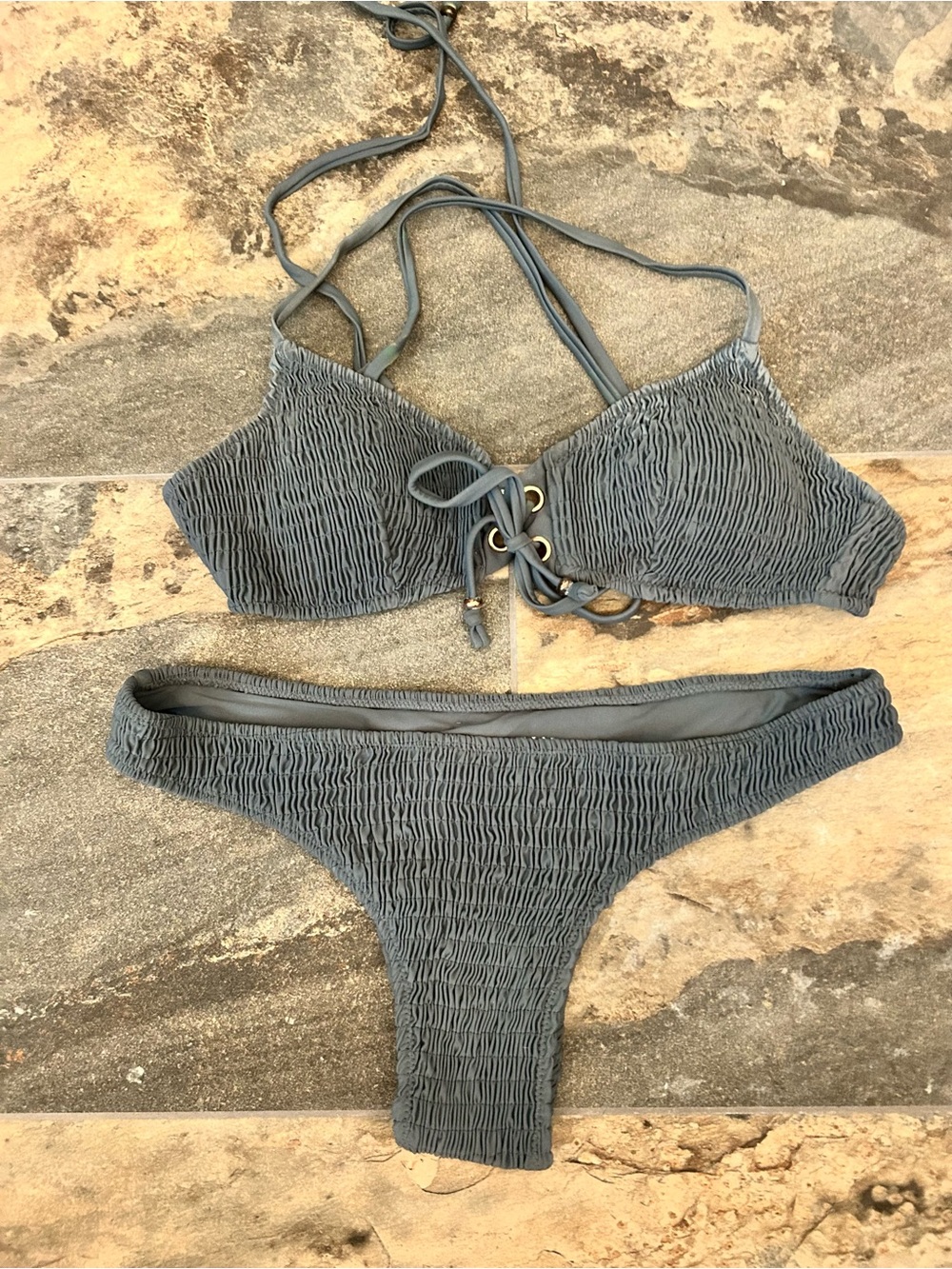 Stone Fox Swim Smocked Lace-Up Bikini in Slate